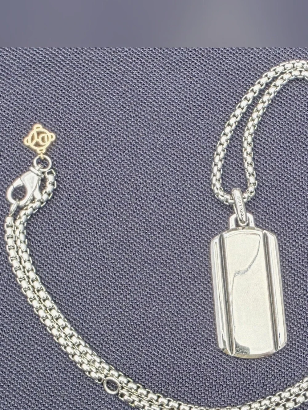 David Yurman Silver Ribbed Dog Tag Pendant Necklace with Gold Accent